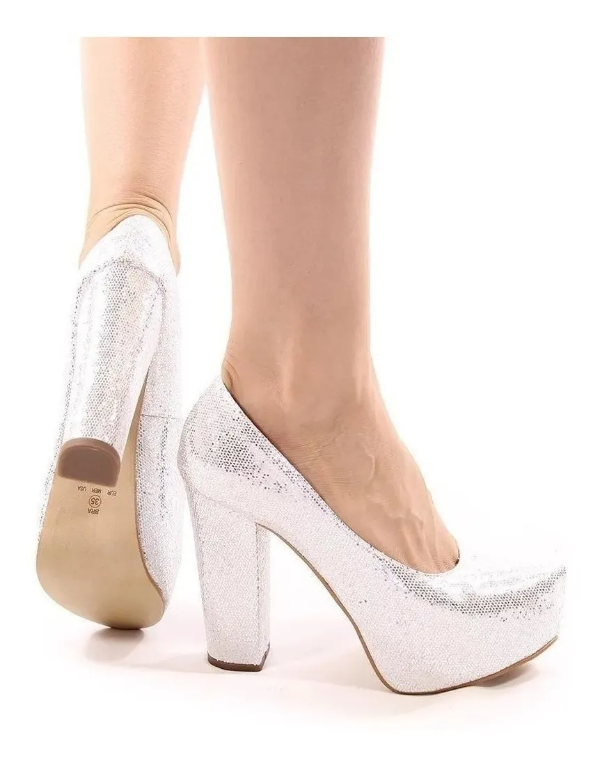 AMANI CALÇADOS E ACESSÓRIOS | Scarpin Festa Formatura Pata Salto Alto Grosso Glitter Prata - R$ 179,00
