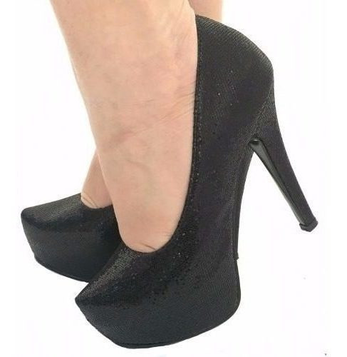 Scarpin Meia Pata Preto Glitter Brilho Salto Alto Fino Festa - R$ 176,42 em Mercado Livre