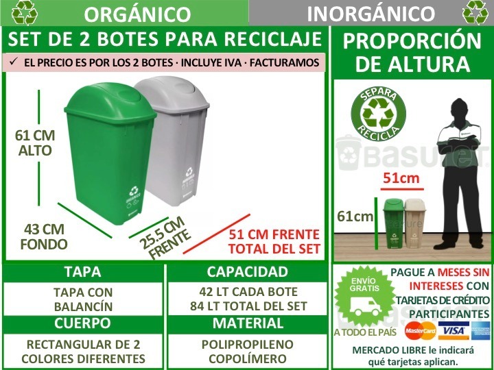 Set 2 Botes De Basura Ecologicos Para Reciclaje 42lt/ 11gal - $ 1,282.