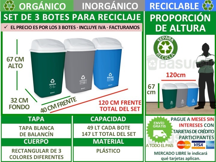 Set 3 Botes De Basura Ecológicos Para Reciclaje De 49 Lt - $ 1,069.00