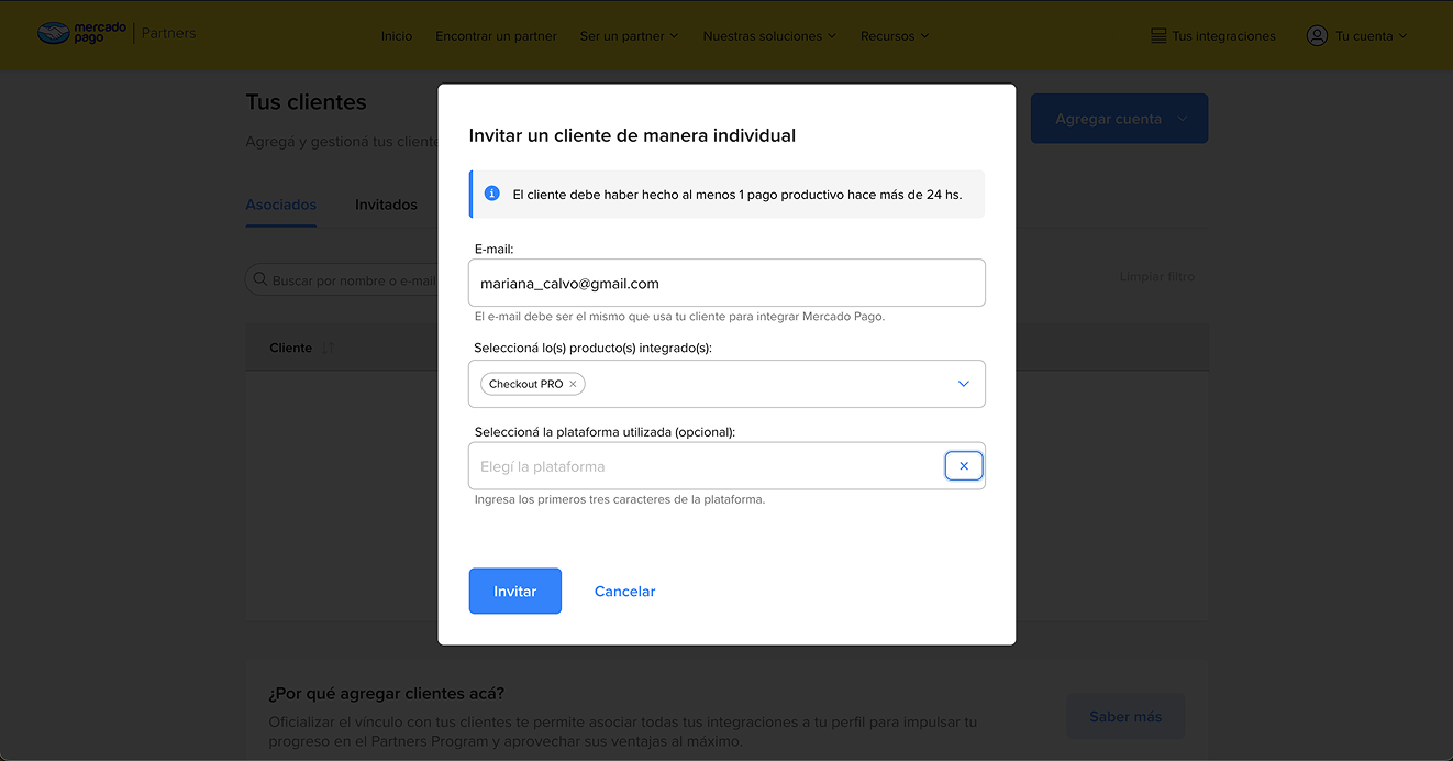 Invitar cliente individualmente