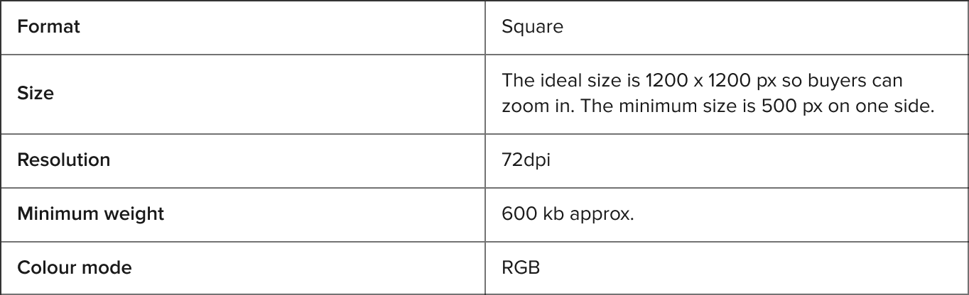 Formato cuadrado. El tamaño ideal es 1200 x 1200 píxeles para que los compradores puedan hacer zoom. El tamaño mínimo es de 500 px en uno de los lados. Resolución 72dpi; Peso mínimo 600 kilobytes aproximadamente. Modo de color RGB.