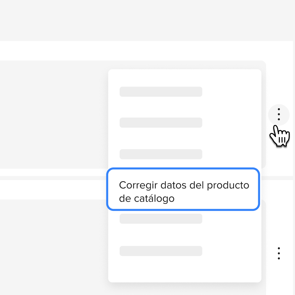 Imagen del listado de publicaciones con la opción Corregir datos del producto de catálogo en el menú de los tres puntos.
