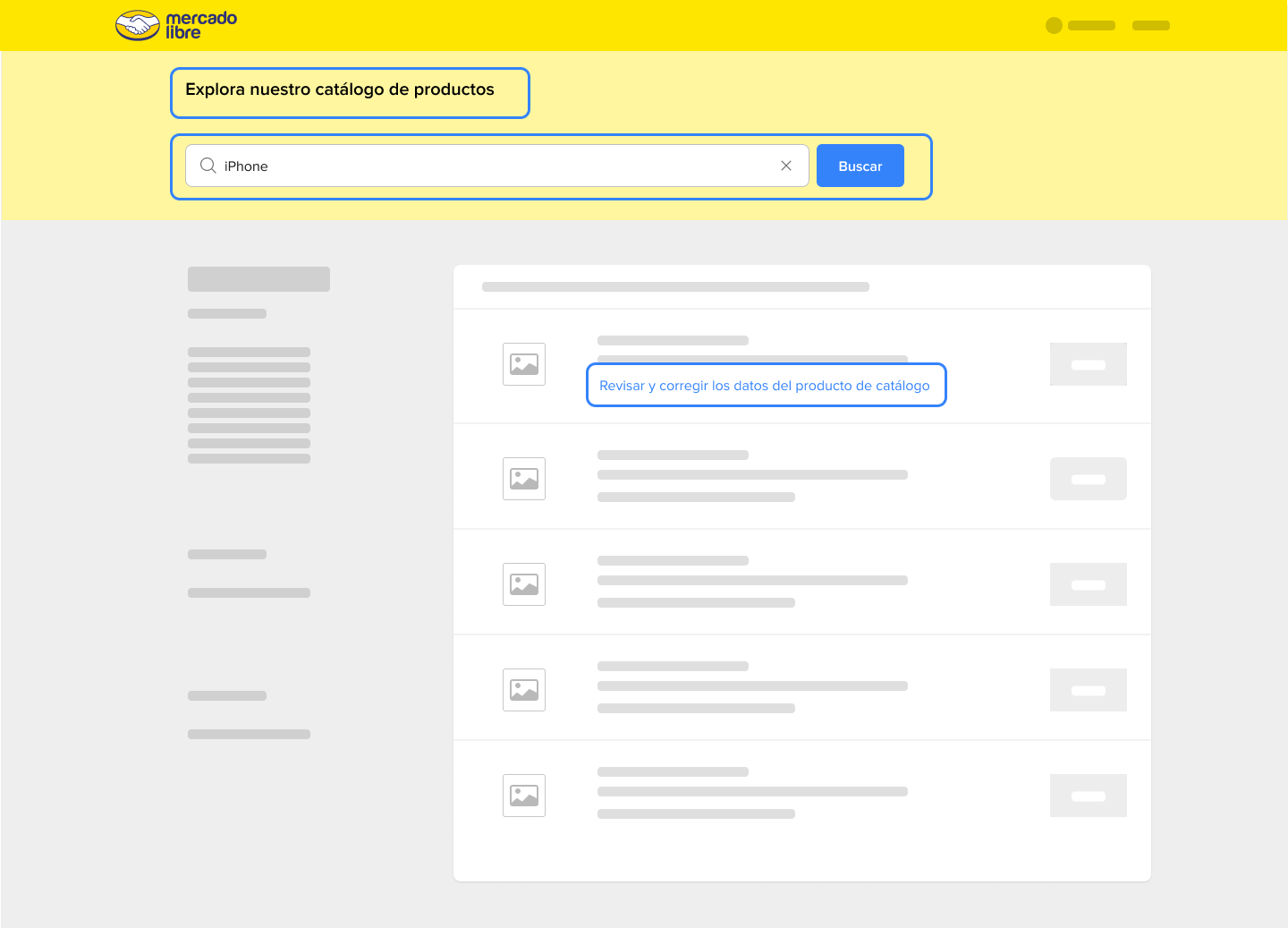Imagen de la página del catálogo de Mercado Libre con el botón "Revisar y corregir los datos del producto de catálogo"