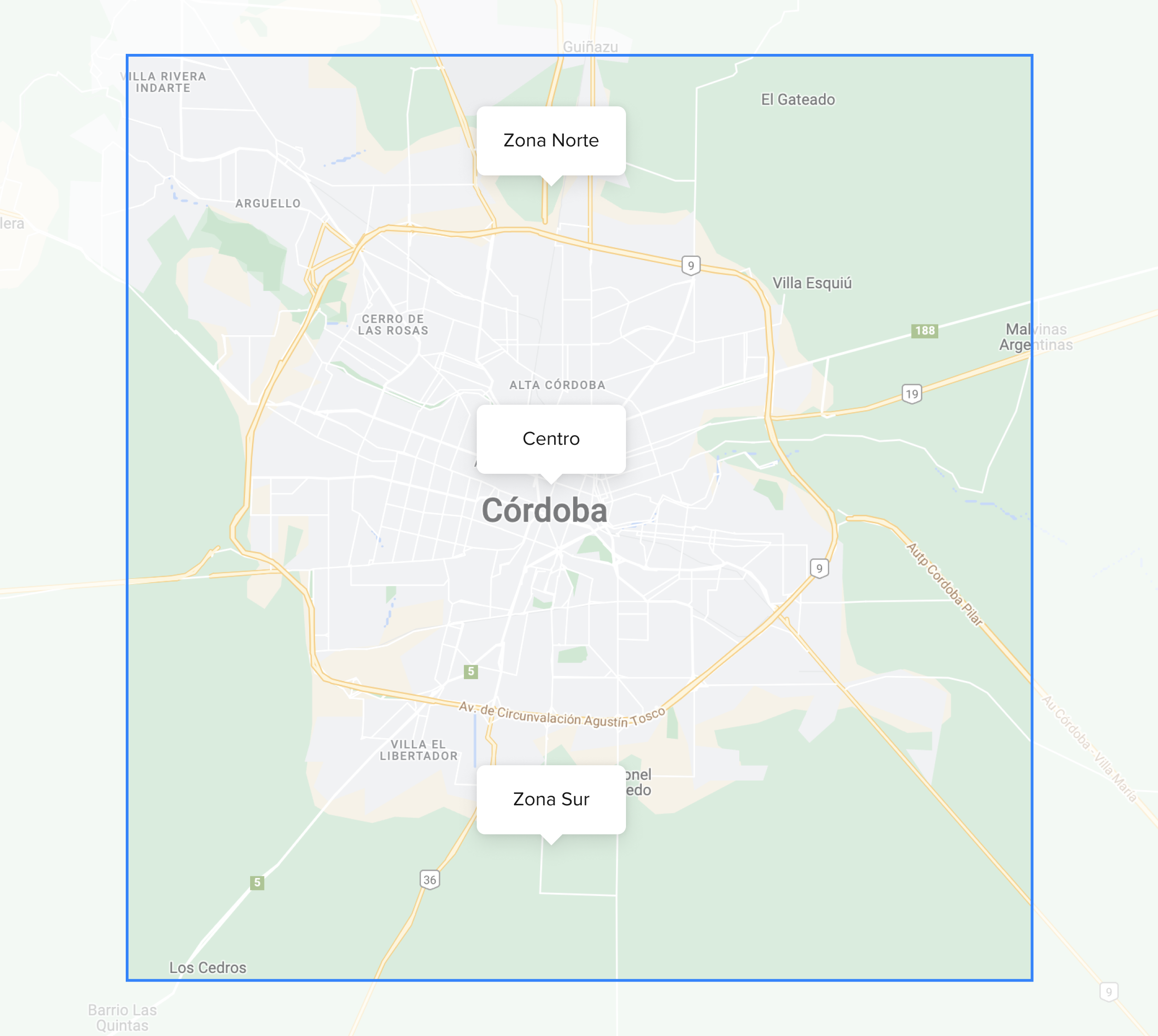 Mapa de zonas de cobertura Mercado Envíos Flex en Córdoba