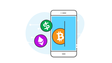 Ilustração de celular recebendo criptomoedas. O logo de Bitcoin e Ethereum estão presentes na imagem. De fundo, ilustração com
