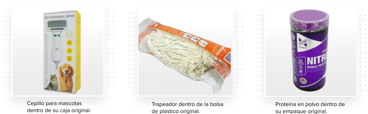 Tres imagenes de productos: 1.Cepillo para mascotas dentro de su caja original, 2.Trapeador dentro de la bolsa de plástico original y 3.Proteína en polvo dentro de su empaque original.