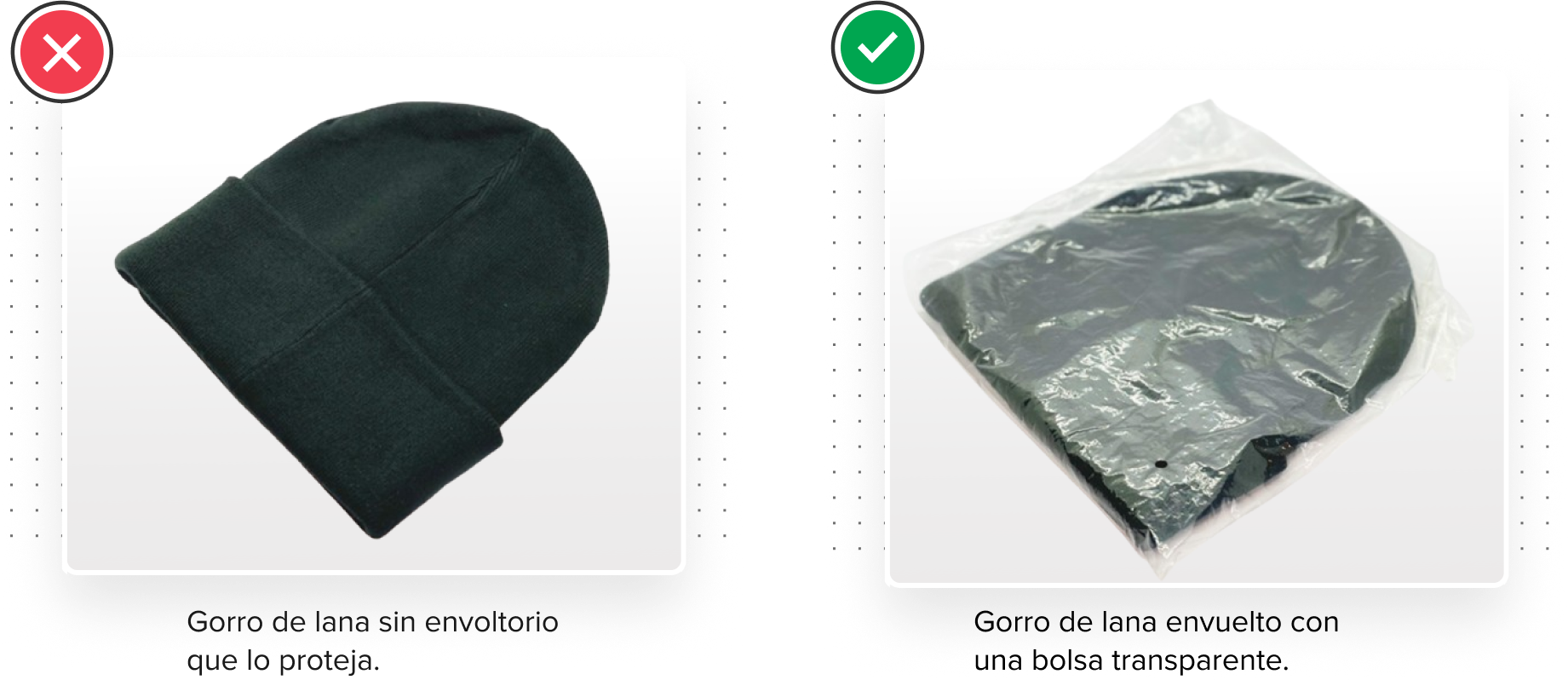 Imagen 1: Gorro de lana sin envoltorio que lo proteja. Imagen 2: Gorro de lana envuelto con una bolsa transparente.