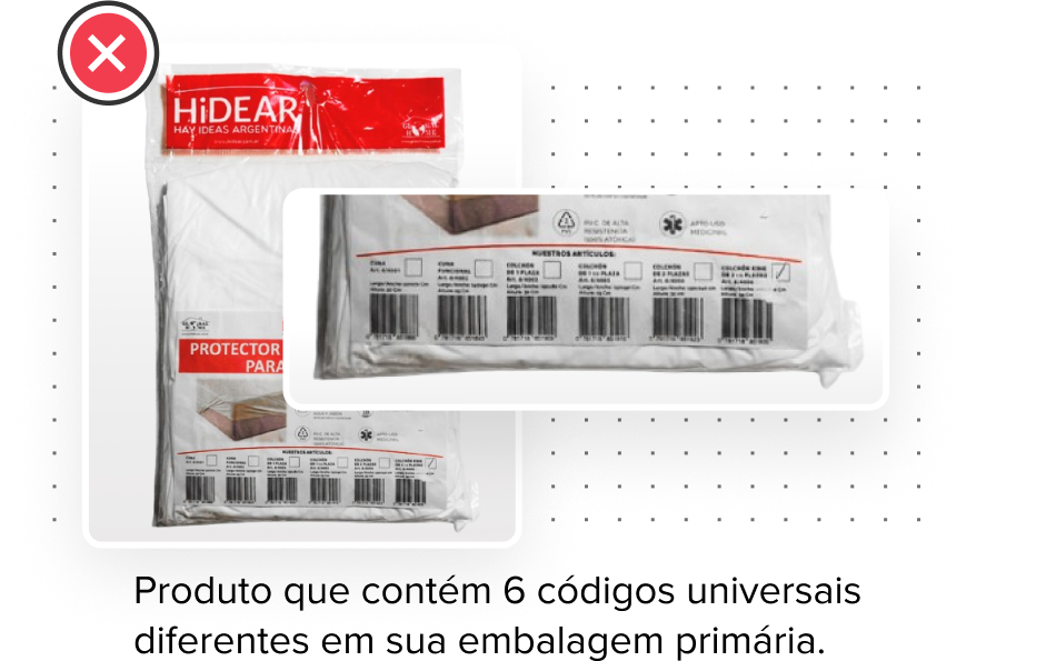 Produto que contém 6 códigos universais diferentes em sua embalagem primária.