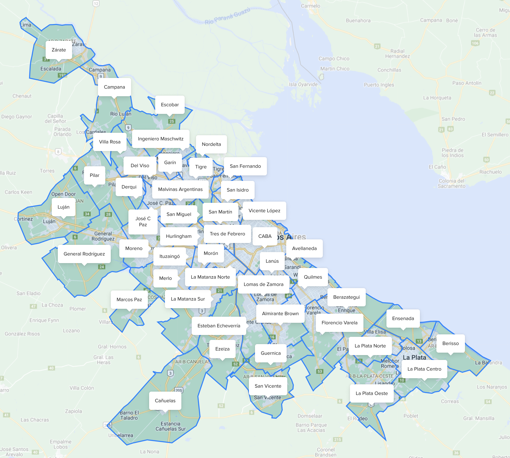 Mapa que muestra las zonas disponibles de envío para Envíos Flex