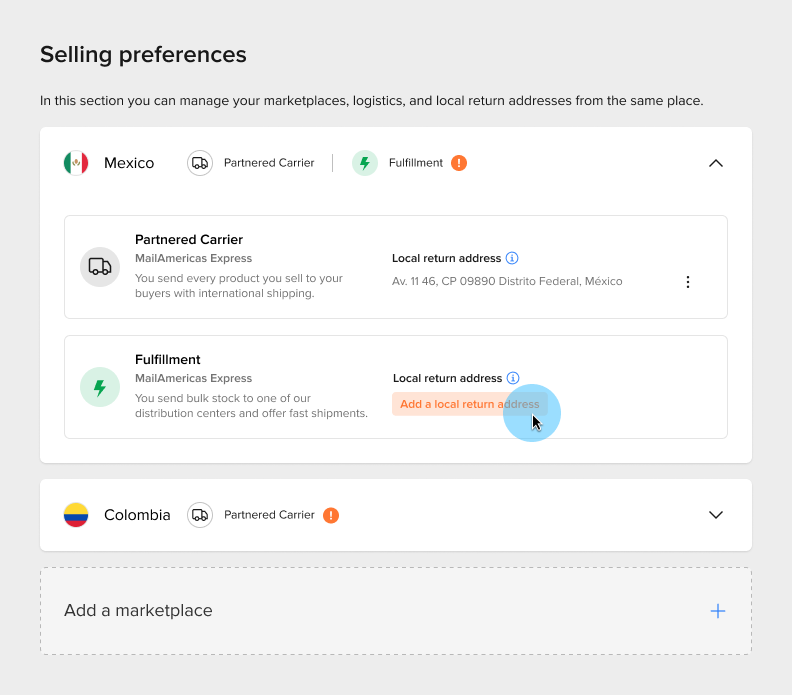 Marketplaces displayed to set up a Local return address