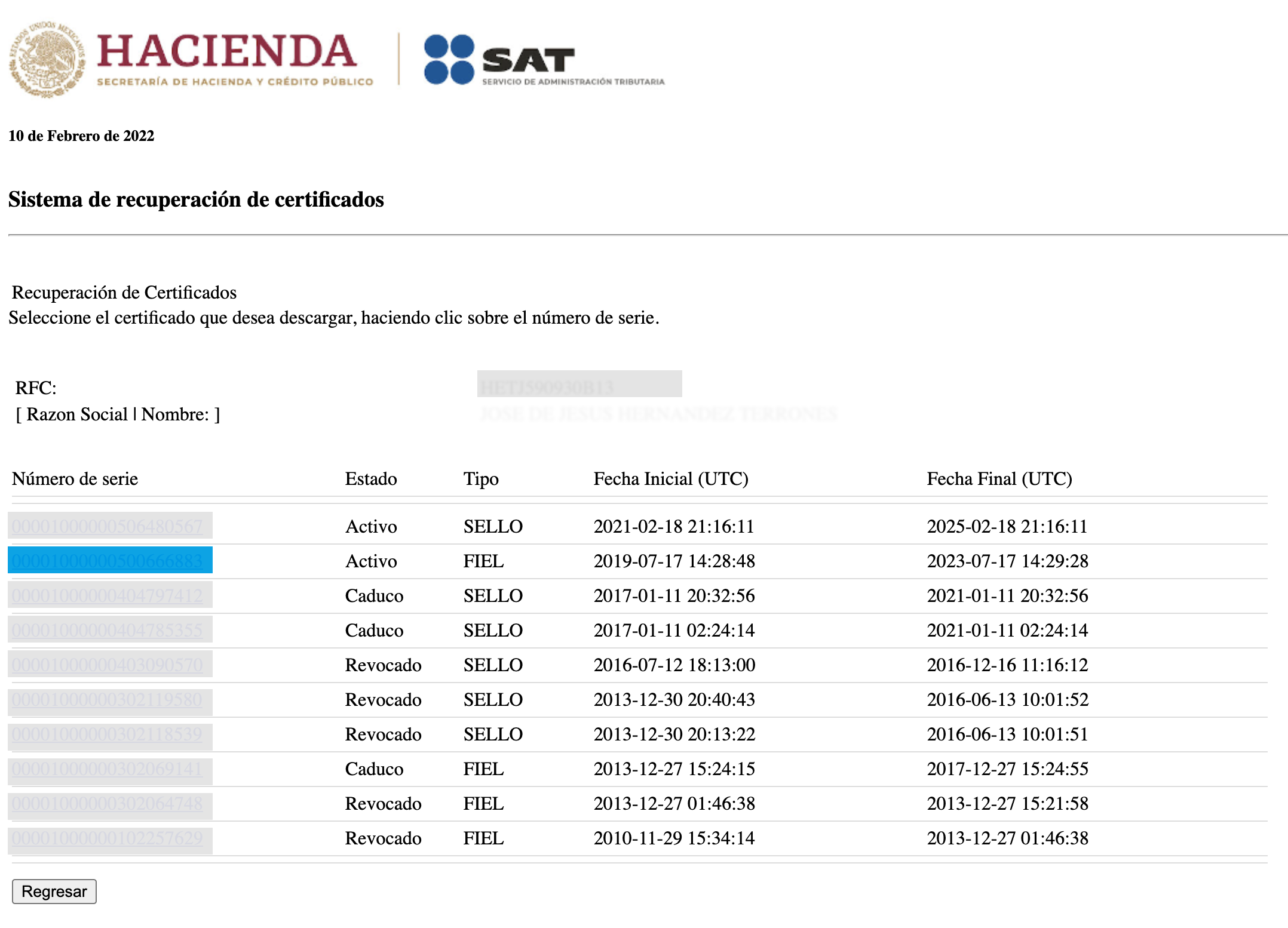 Captura de pantalla de la página del SAT con listado de certificados