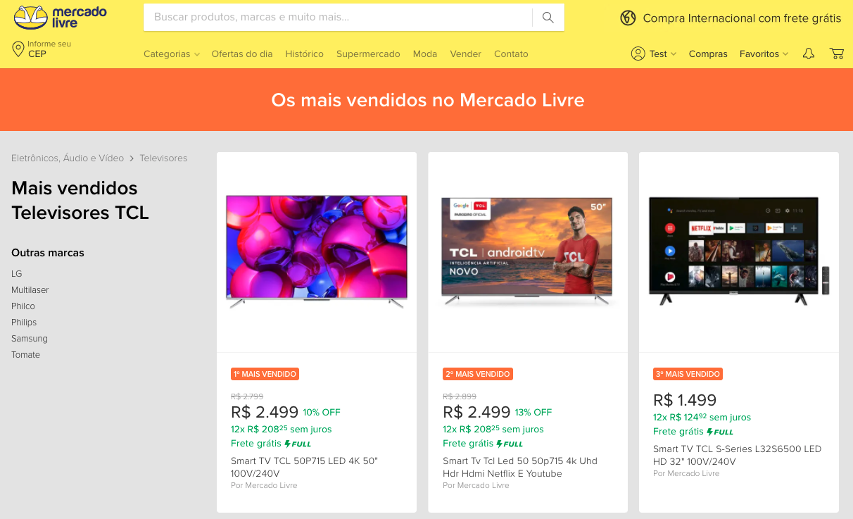 Mais vendidos no Mercado Livre