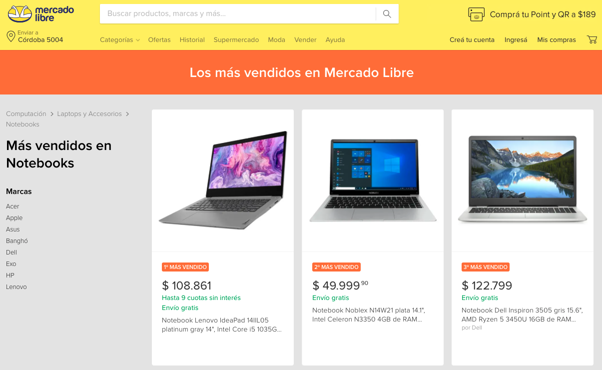 Más vendidos en Mercado Libre