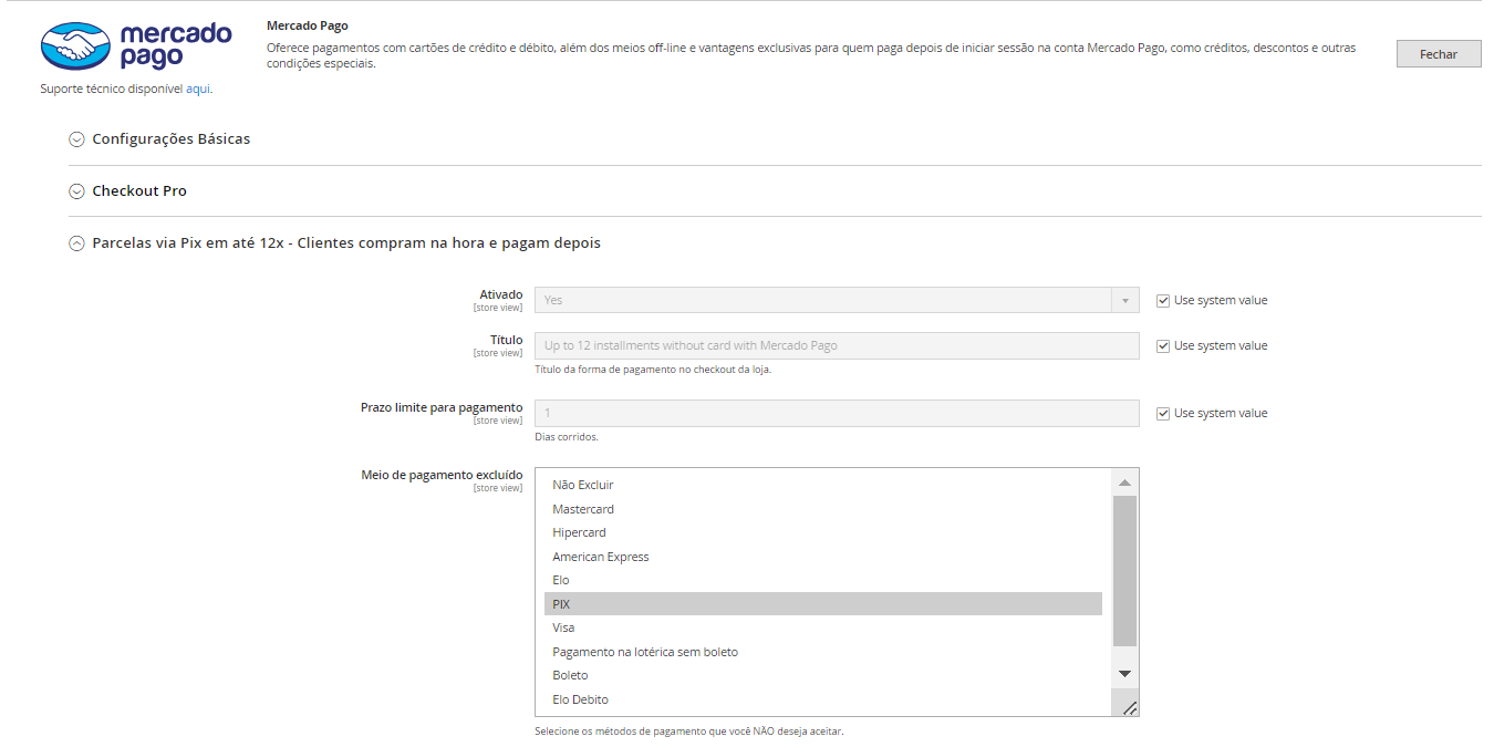 Tela de configuração do meio de pagamento