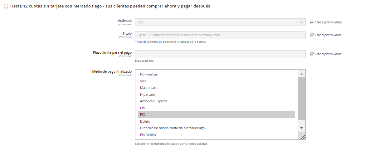 Tela de configuração do meio de pagamento