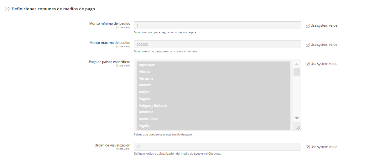 Common payment method definitions screen