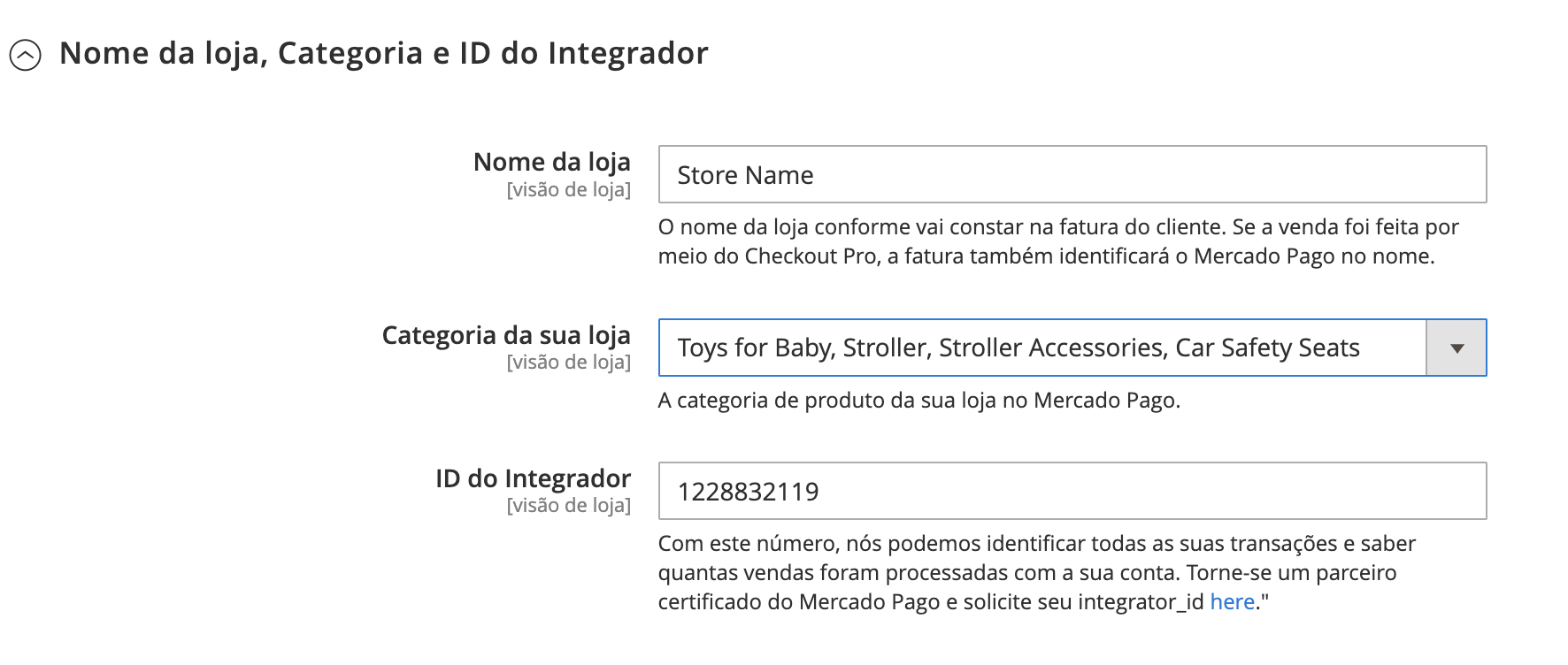 Store Name, Category and Integrator ID