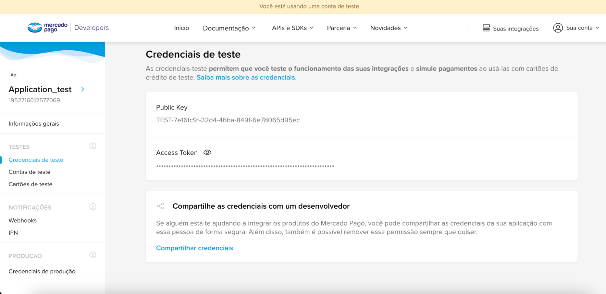 Credenciais de teste no Painel do desenvolvedor
