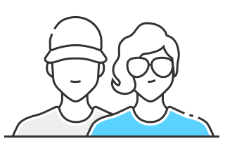 Ícone de duas pessoas, um homem com camisa cinza e boné e uma mulher com óculos e camisa azul