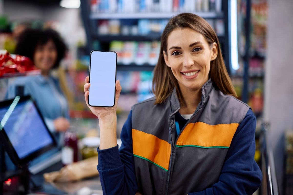 Vendedora usando app de PDV no celular como frente de caixa em loja.
