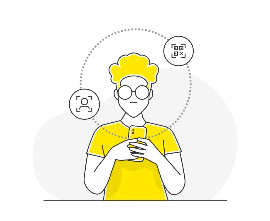 Usuario con el celular y opciones de código QR o reconocimiento facial en la pantalla
