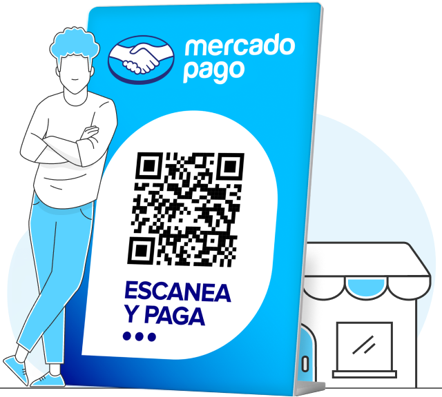 Letrero de Kit QR Oficial de Mercado Pago con un vendedor y su tienda.