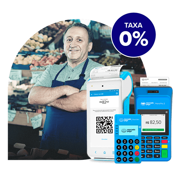 As maquininhas Point Smart e Point Mini Chip, junto com material impresso para vender com QR e Pix e um balão que diz taxa 0% com Pix.
