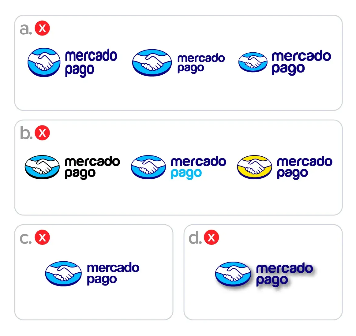 Imagen de referencia ejemplificando cada uso incorrecto del logo.