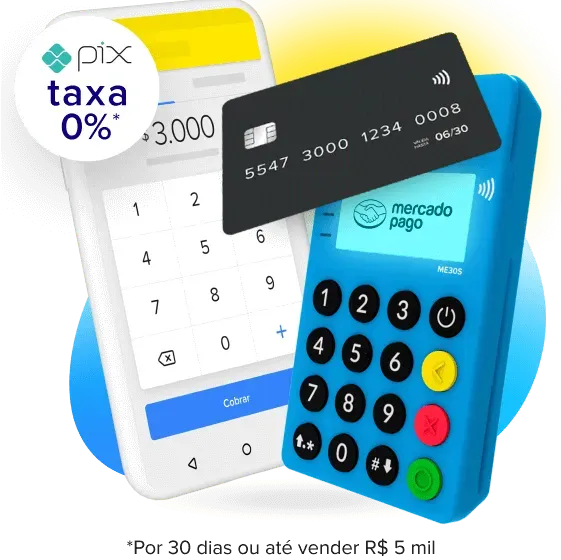 Maquininha Point Mini NFC com celular ao fundo e banner pix taxa 0%*, 0,74%* débito e crédito, 8,99%* crédito 12x.
Aviso abaixo da imagem: *Por 30 dias ou até vender R$5mil.