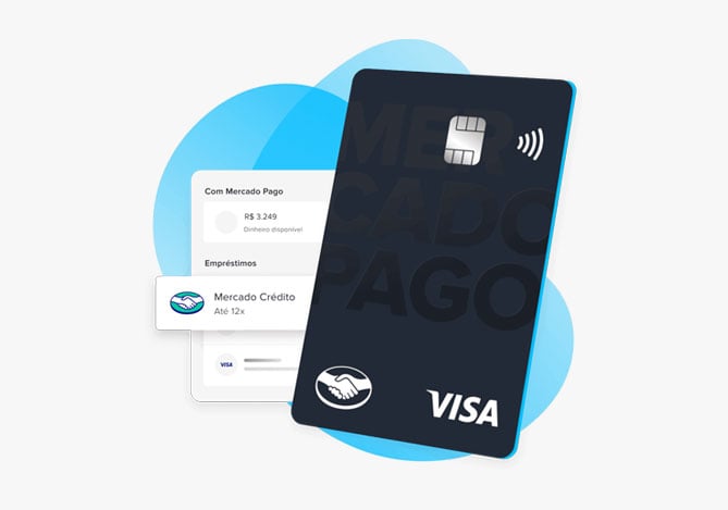 Ilustração com o cartão Mercado Pago e a interface do app para você organizar seu controle de orçamento e melhorar sua saúde financeira