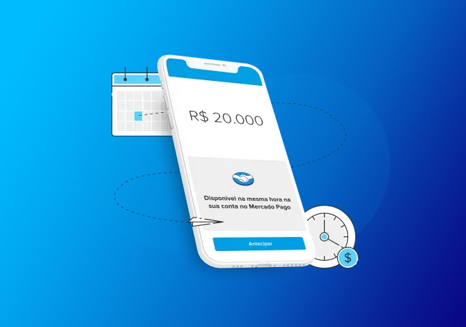 Imagem ilustrativa com fundo azul, um calendário e cronômetro flutuantes em um celular com a página do Empréstimo Mercado Pago aberta com valor e mensagem do banco digital.