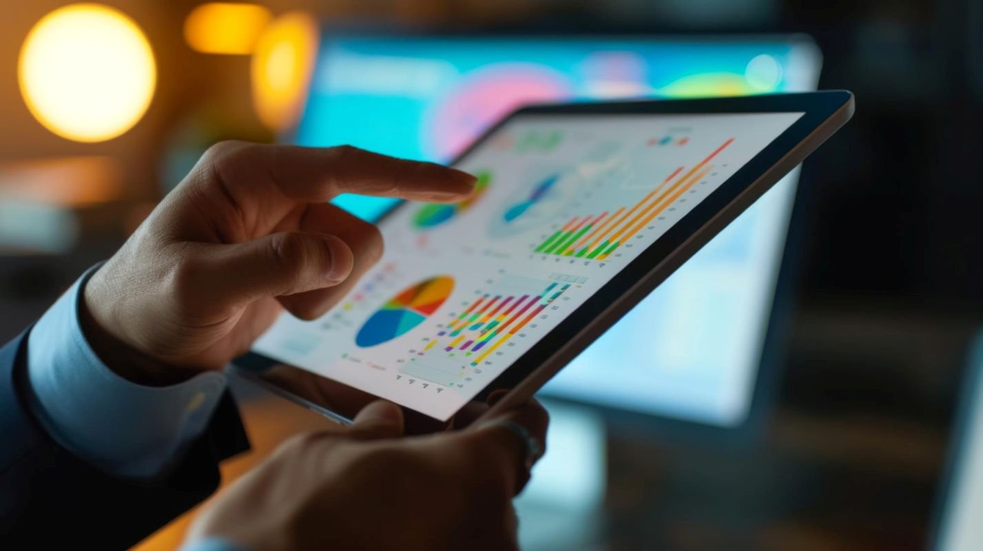 Gerente analisando relatórios com dados de múltiplas lojas em tablet.