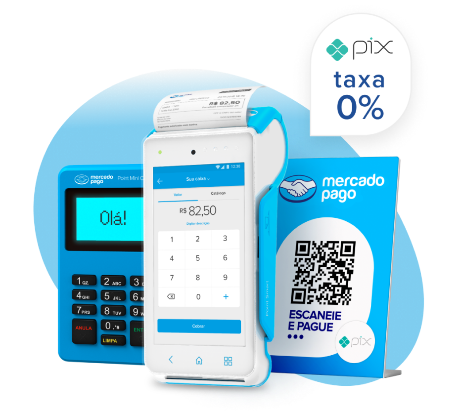 As maquininhas Point Smart e Point Mini Chip, junto com material impresso para vender com QR e Pix e um balão que diz taxa 0% com Pix.