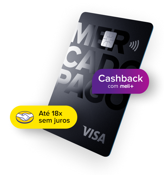 Cartão Mercado Pago na cor preta, de bandeira Visa, com pagamento por aproximação. Na imagem se lê os benefícios ”Cashback com Meli+” e ”Até 18 vezes sem juros”.