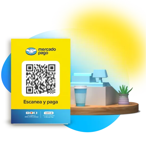 Celular con código QR en la pantalla, delante de una caja registradora y un vaso desechable para caf