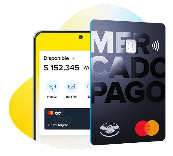 Pantalla de inicio de Mercado Pago al lado de una tarjeta prepago