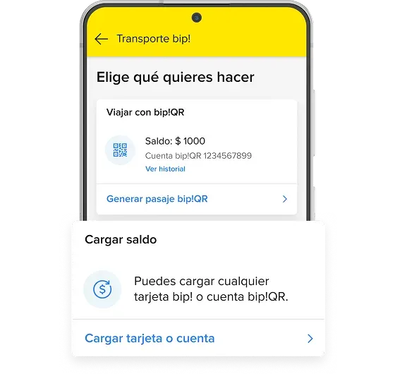 Pantalla de celular en la app Mercado Pago que muestra cómo cargar saldo en una cuenta bipqr y en la tarjeta bip