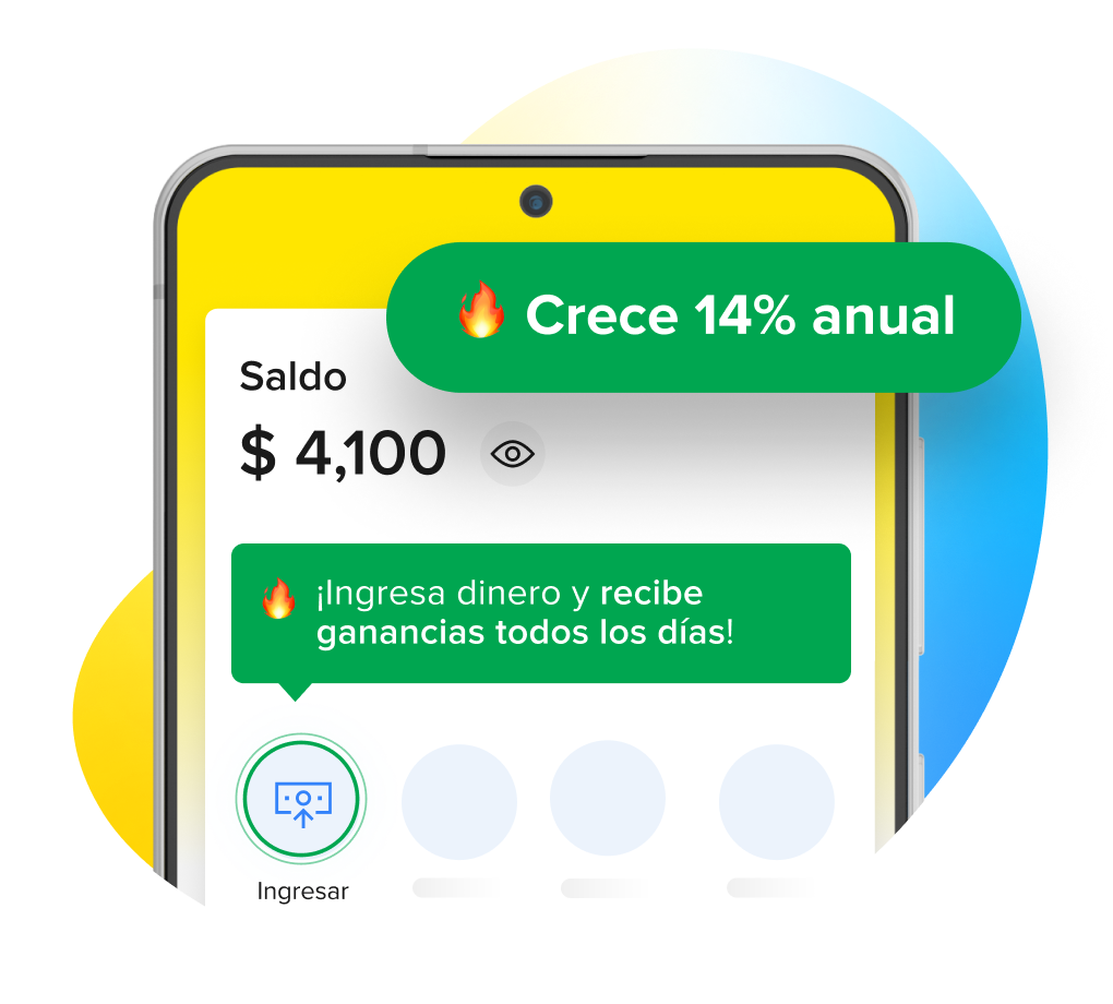 Pantalla de inicio de Mercado Pago que cuenta que el dinero crece 14% anual y recibes ganancias todos los días