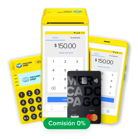 Las terminales de Mercado Pago: Point Blue, Point Air y Point Smart. Cerca de ellos, un círculo que dice Dinero al instante.