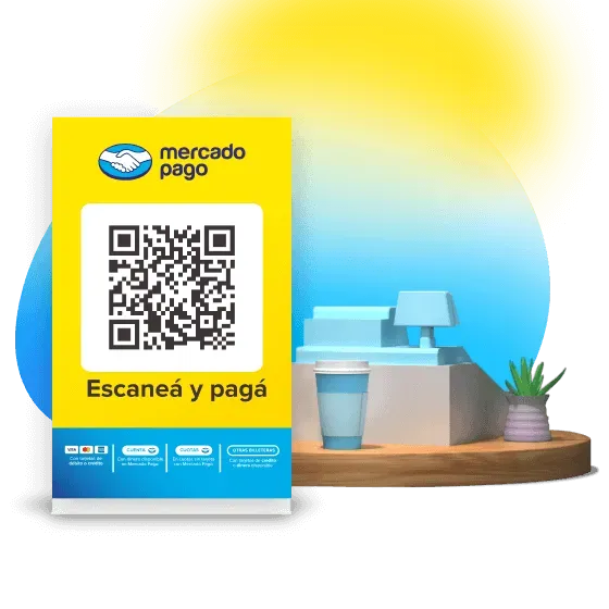 Celular con código QR en la pantalla, delante de una caja registradora y un vaso desechable para caf