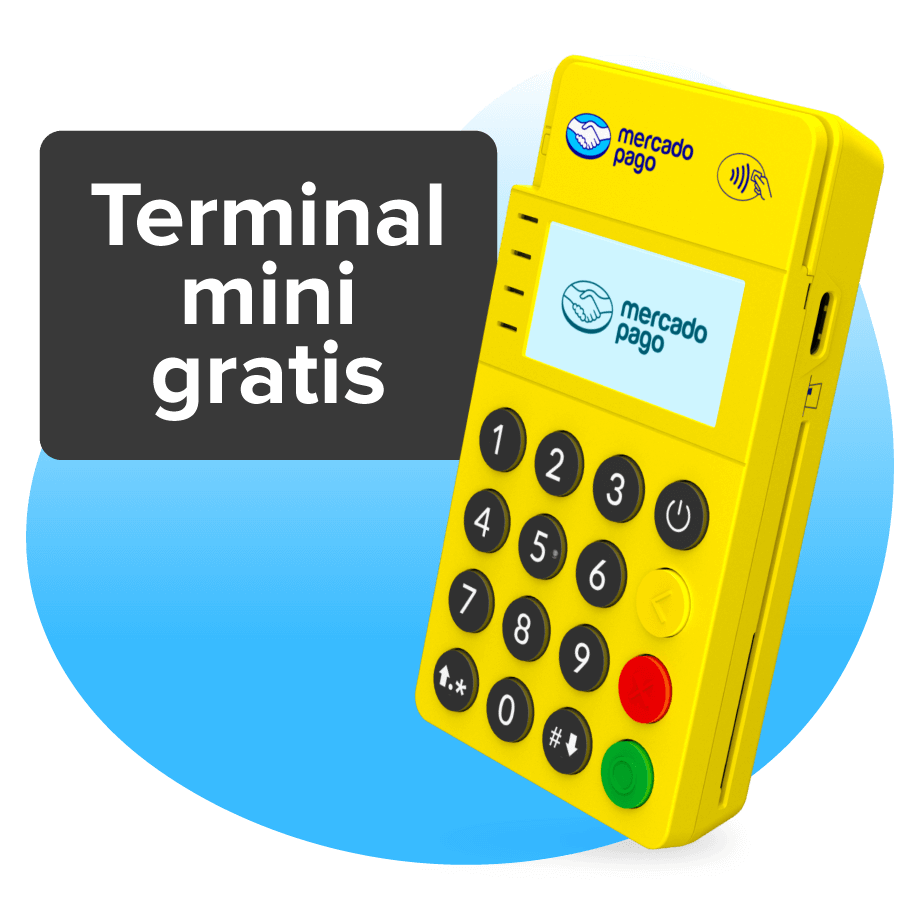 La terminal Point Blue de Mercado Pago, un celular y la tarjeta de débito de Mercado Pago.