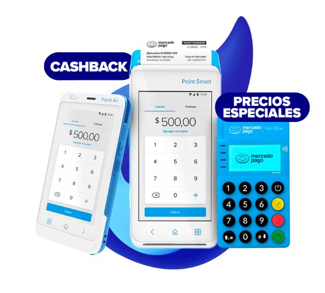 Terminal Mercado Pago Point Blue, Terminal Mercado Pago Point Smart y una tarjeta negra con ícono de pagos sin contacto