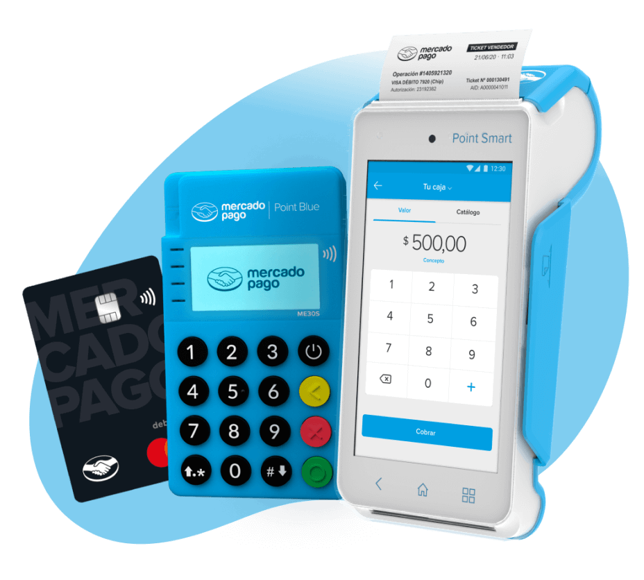 Terminal Mercado Pago Point Blue, Terminal Mercado Pago Point Smart y una tarjeta negra con ícono de pagos sin contacto