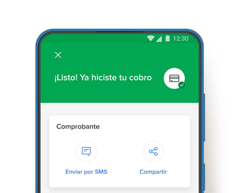 Maquininha mostrando texto de 'Mensagem enviada' na tela, e ao lado, exemplo de comprovante enviado por SMS ao cliente.