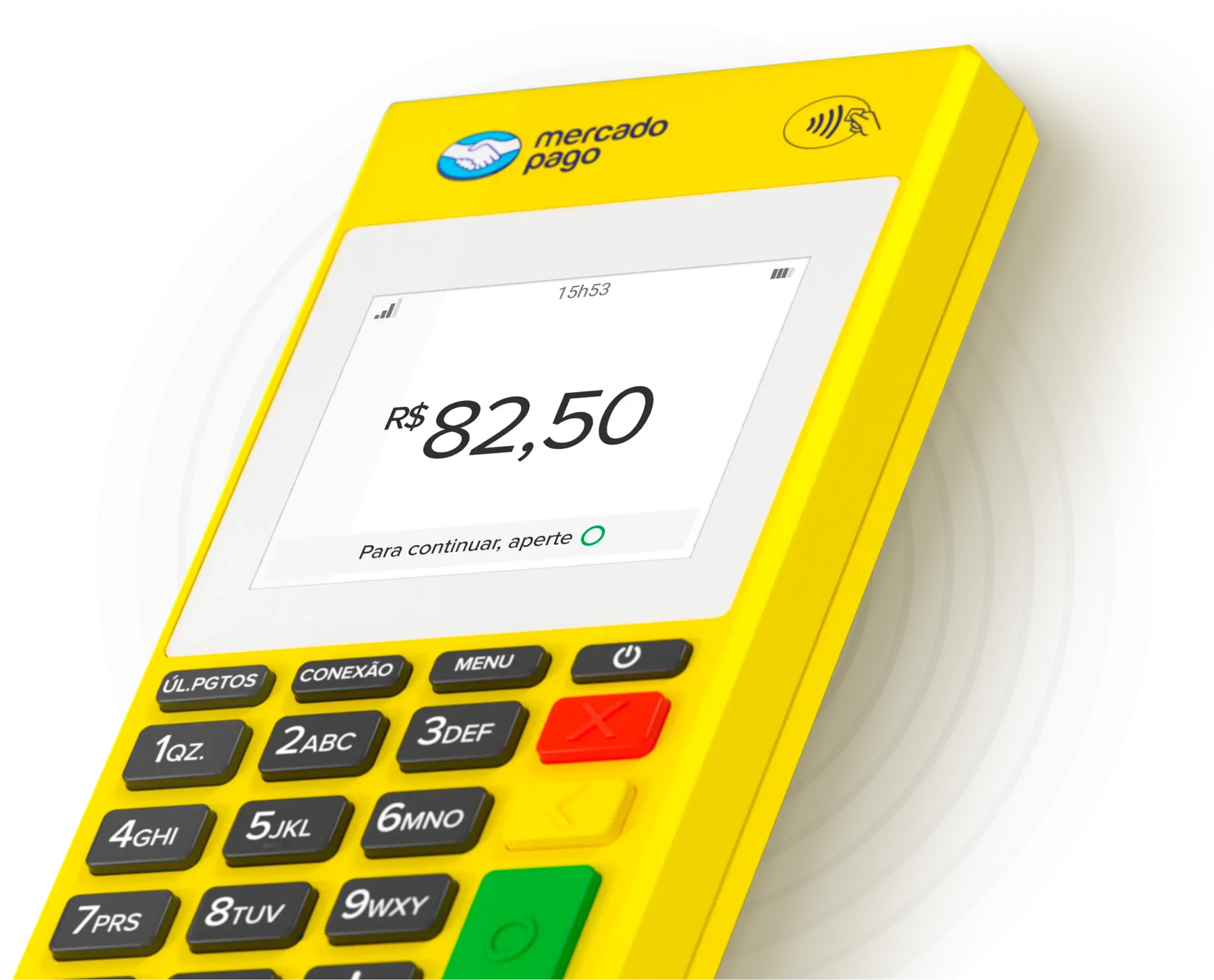 Maquininha de cartão Point Air 2 mostra o valor de R$ 82,50 na tela. Ao lado, ícone de chip 4G.