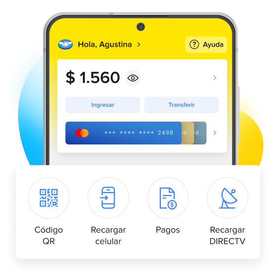 Pantalla de inicio de Mercado Pago que muestra cómo se puede ingresar dinero, transferir o vincular las tarjetas para pagar como quieras.
