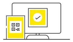 Ícones de um computador com símbolo de sucesso, um telefone com símbolo de $ e um cartão com um qr code.