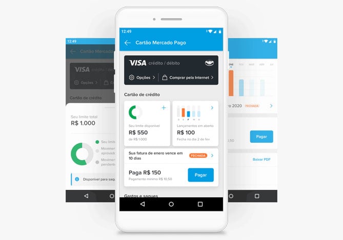 Imagem ilustrativa de celular com aplicativo do Mercado Pago logado na Conta PJ Mercado Pago com dashboard de vendas