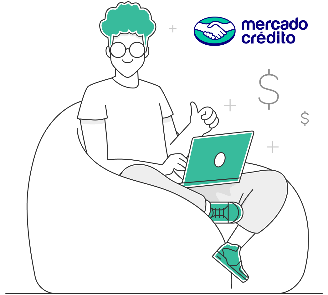 Un chico sentado en el sofá con un computador y símbolos de dinero alrededor de él.